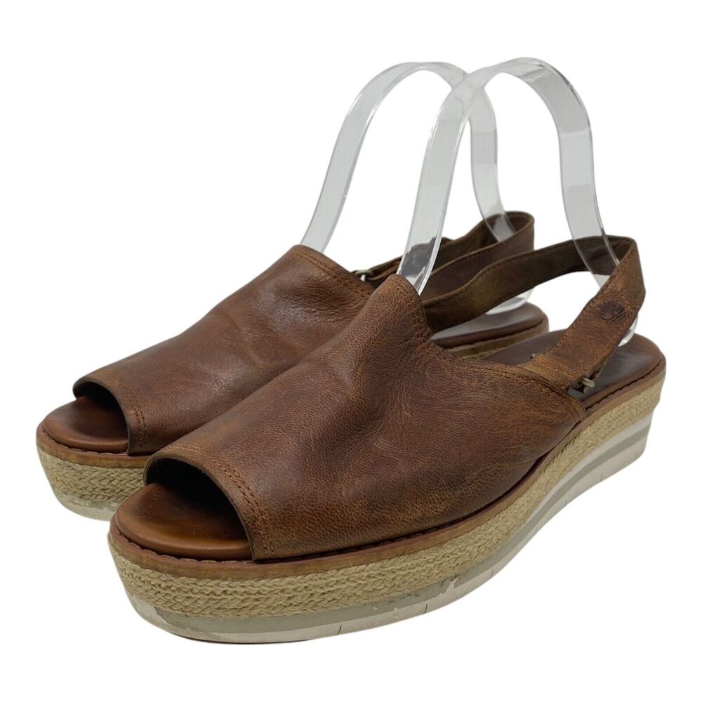 Timberland Womens Emerson Point Peep Toe Platform Sandal Size 8 Brown Leather